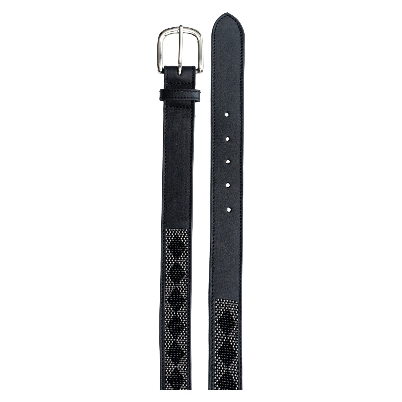 View of a black leather Equinavia Estelle Hand Beaded Belt with black and silver beading on a white background