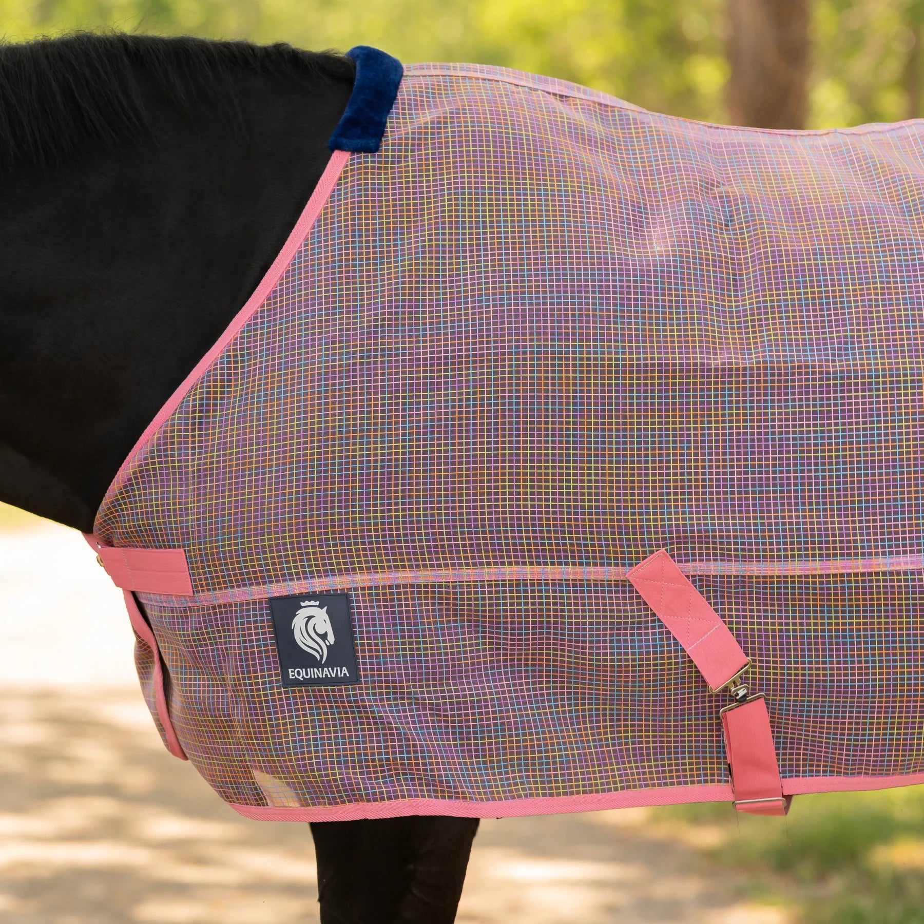 Side view of a horse wearing Pink/Rainbow Equinavia Lykke Fly Sheet