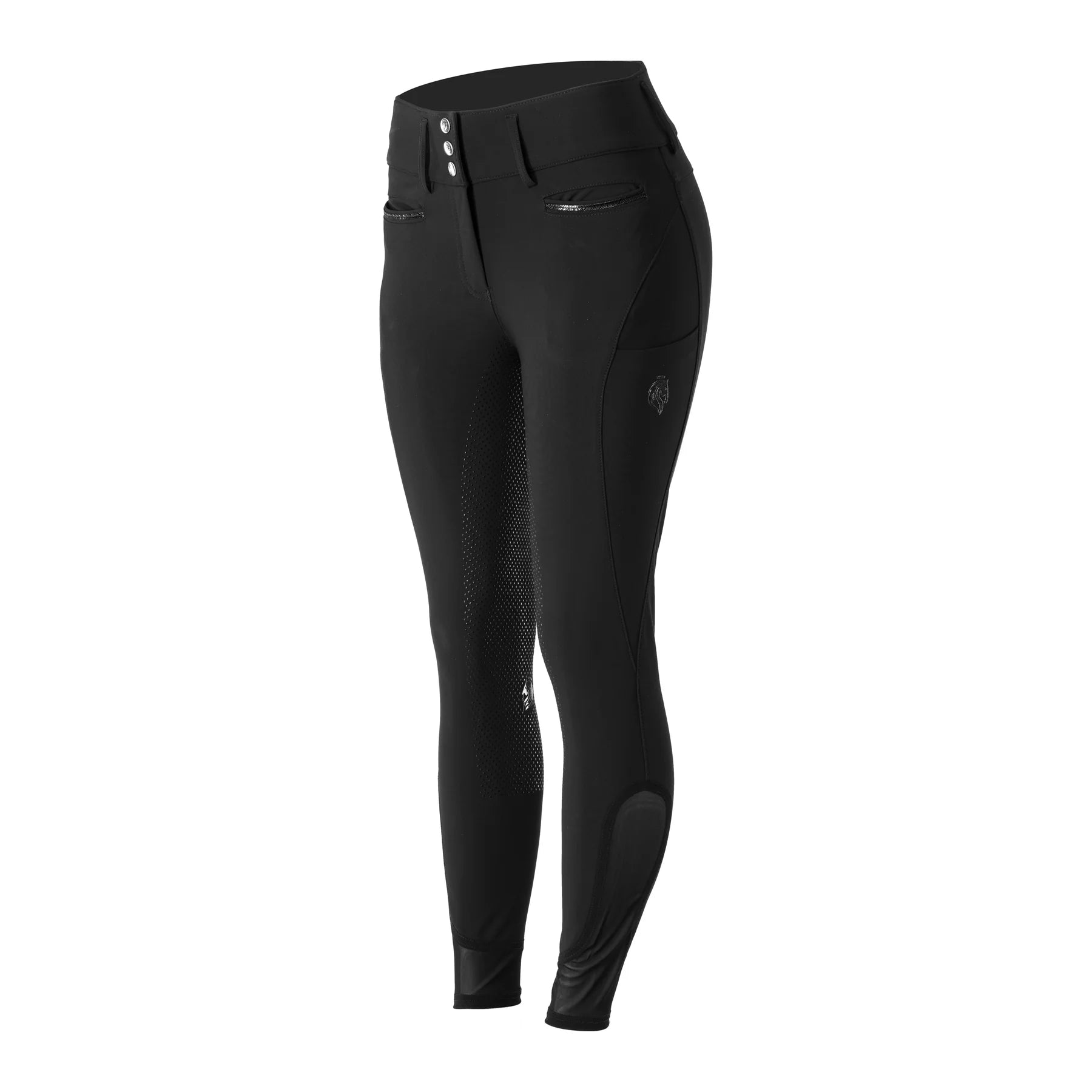 Front view of Black Equinavia Sissel Full Seat Breeches on a white background