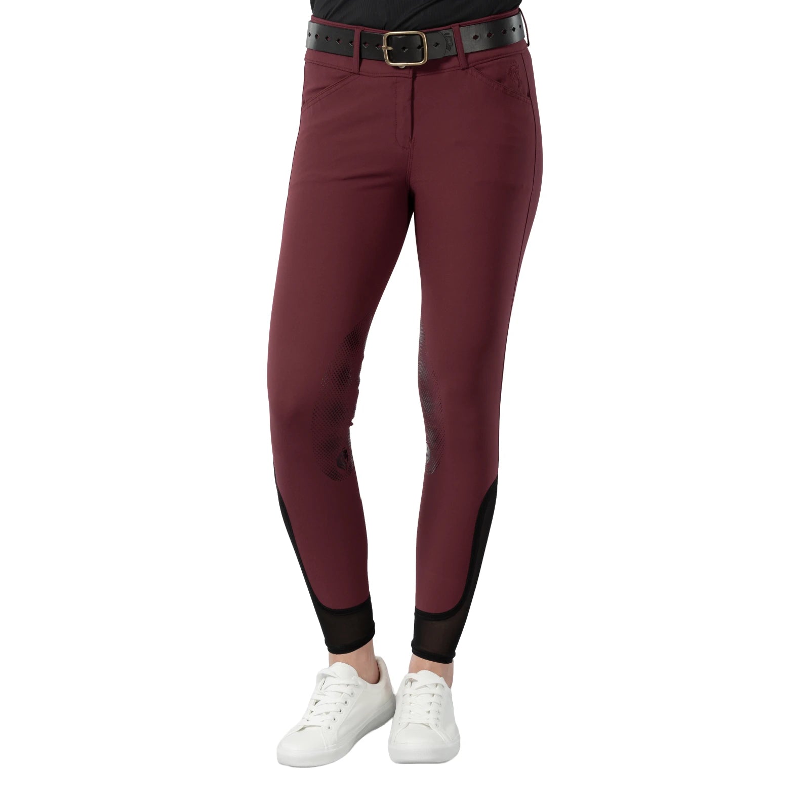 Front view of a model wearing the wine red Equinavia Maud Knee Patch Breeches on a white background