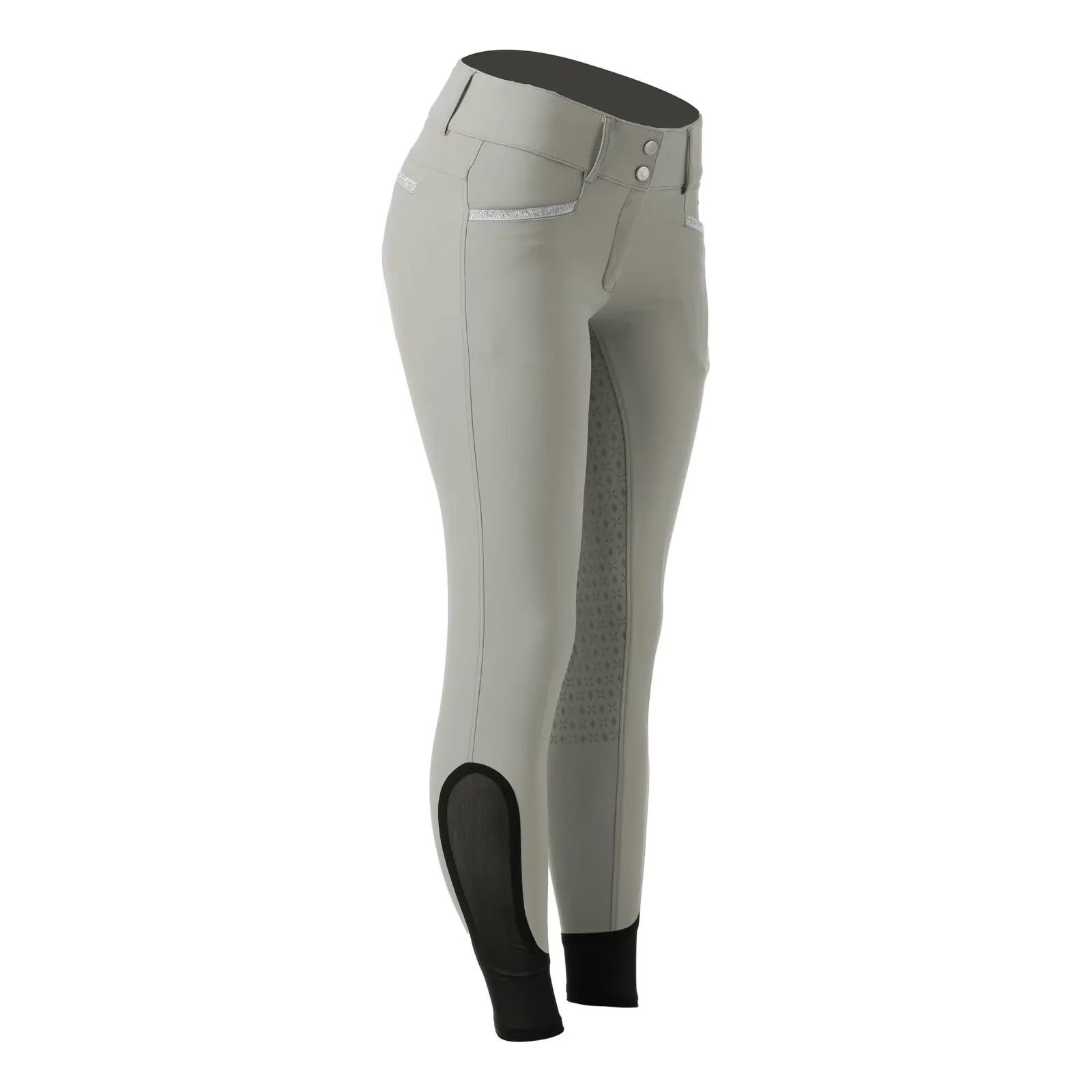 Angled front view of the Equinavia Kristina Full Seat Breeches in tan on a white background