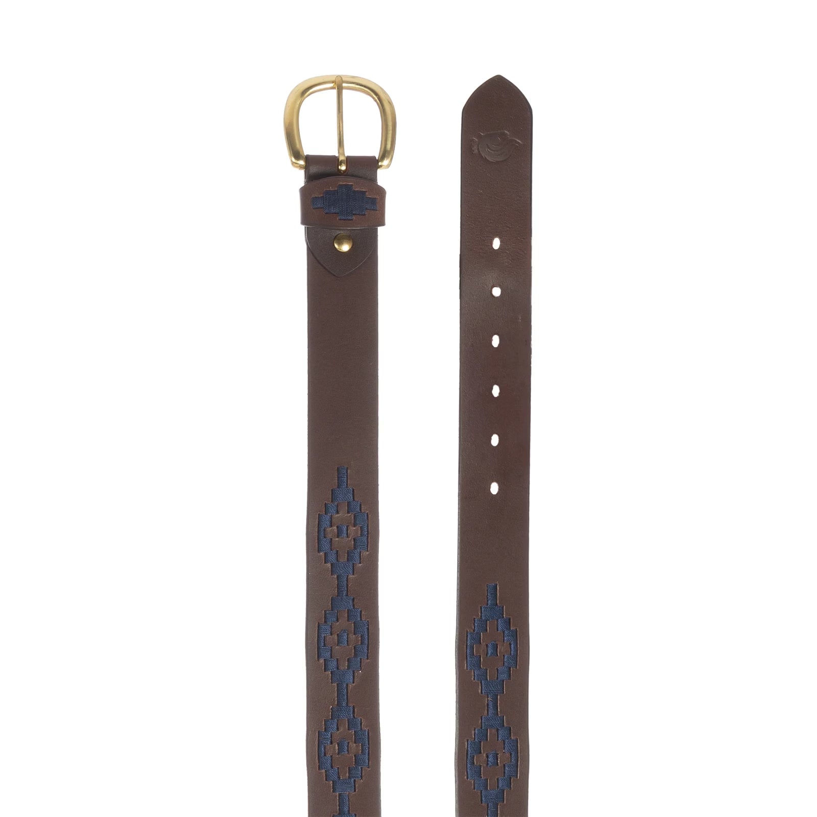 Top view of the buckle and tail end of the navy brown-leather Equinavia Siri Polo Belt on a white background
