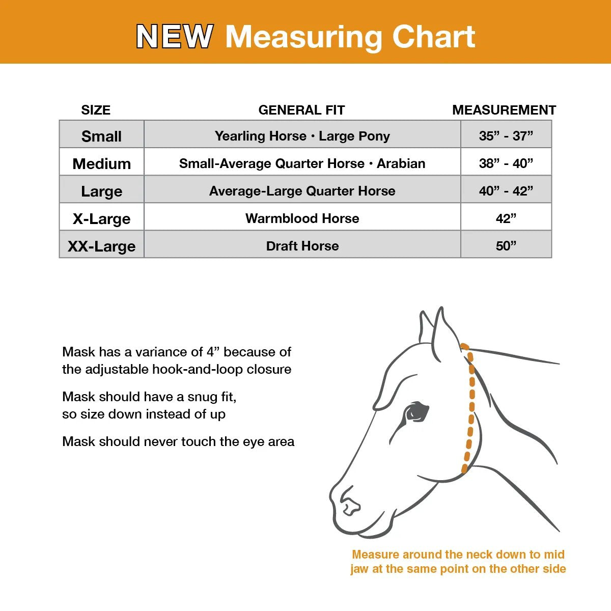 Infographic size chart for the Cashel Quiet Ride Fly Mask with Long Nose and Ears