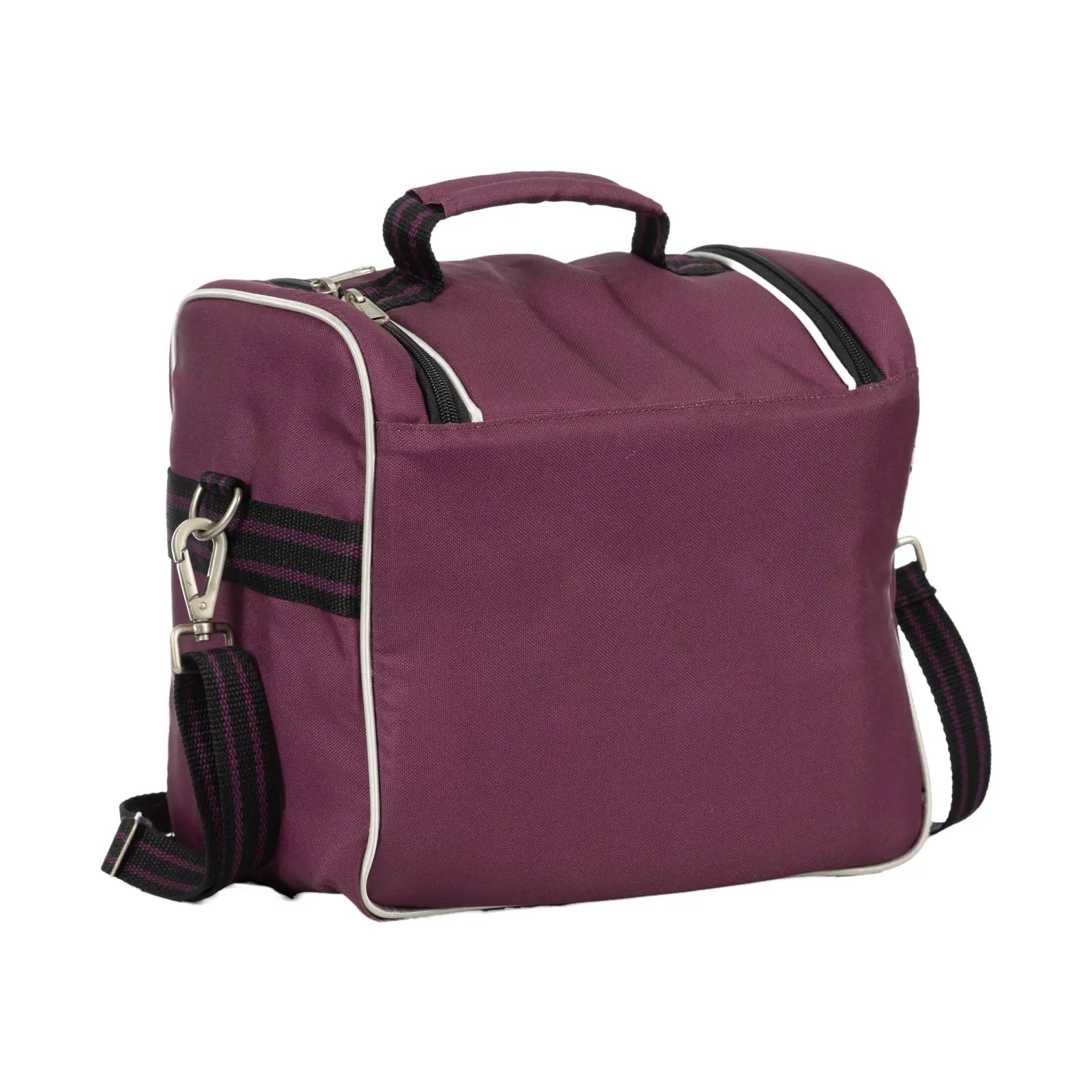 Back view of the plum Equinavia Darby Zip Top Grooming Bag on a white background