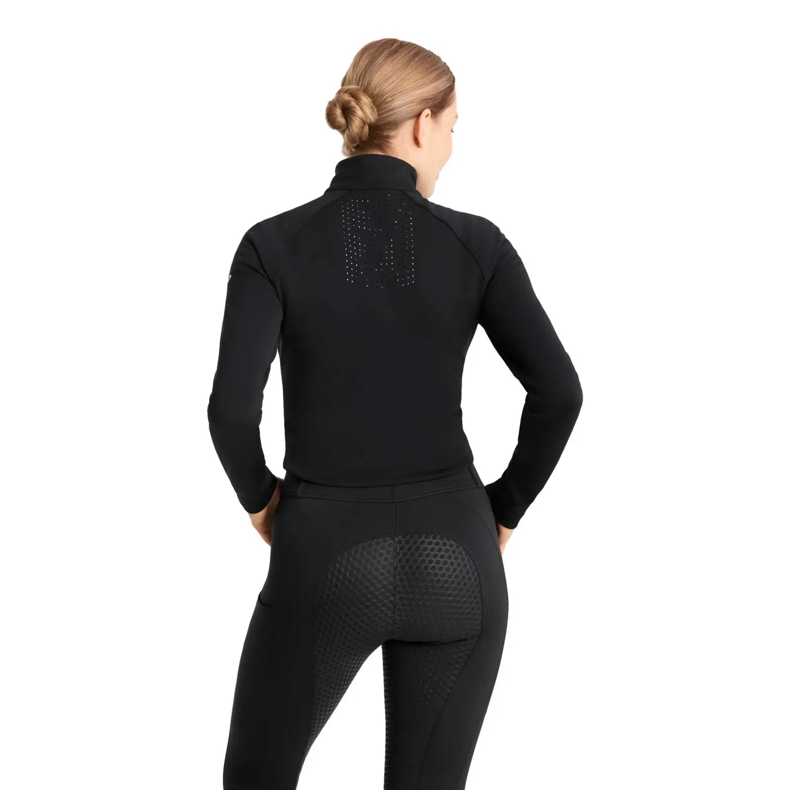 Back view of a model wearing the Horze Viveka Womens Perforated Training Jacket in black on a white background