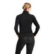 Back view of a model wearing the Horze Viveka Womens Perforated Training Jacket in black on a white background