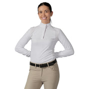 Front view of a female model wearing the Equinavia Sonja Long Sleeve Show Shirt on a white background