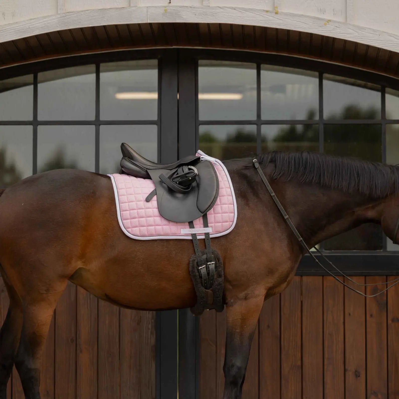 Side view of a bay horse wearing the pink Equinavia Svalbard Dressage Saddle Pad with NordicAir Tech under a saddle while standing in front of barn doors