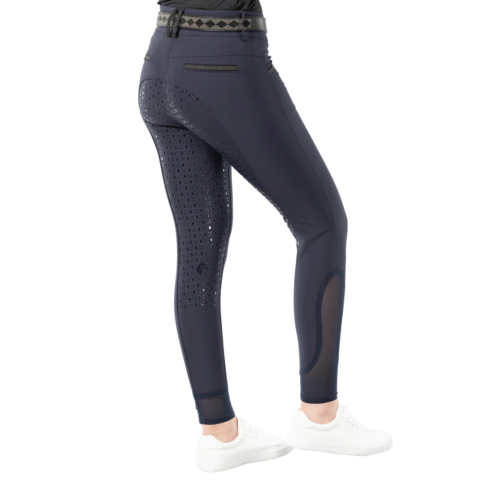 Back view of a model wearing the Equinavia Kristina Full Seat Breeches in navy on a white background
