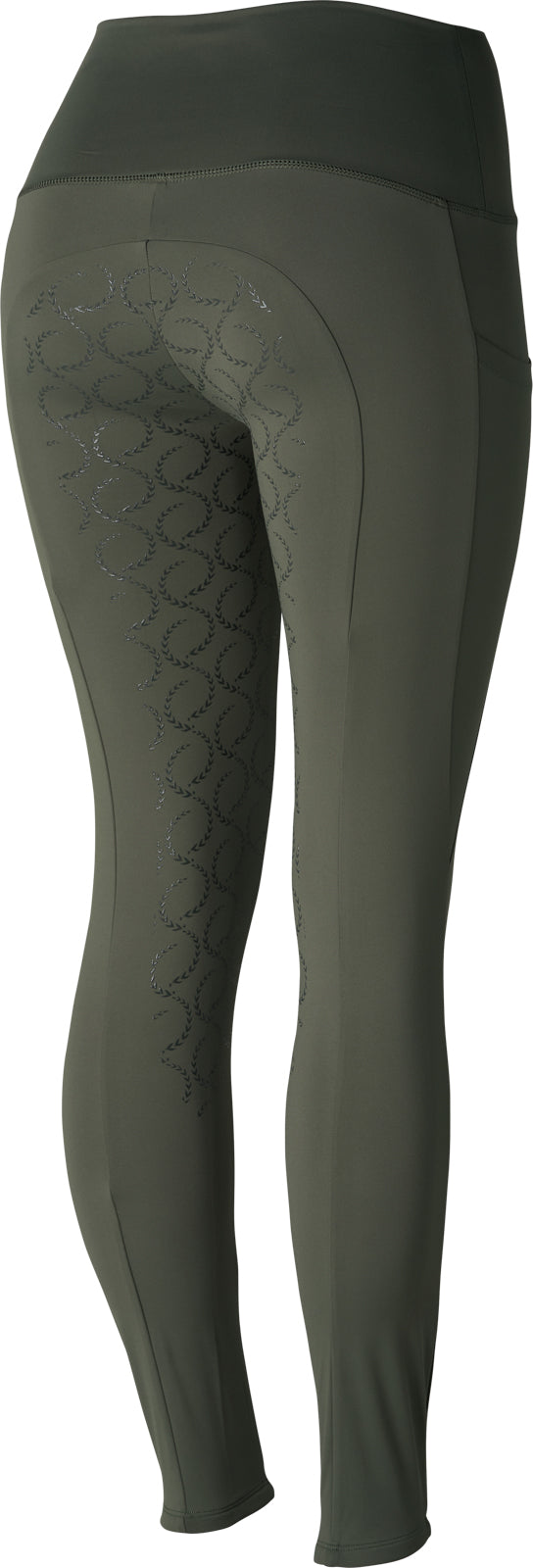 Back view of the Beetle Khaki Green Horze Gillian Silicone Full Seat Tights on a white background