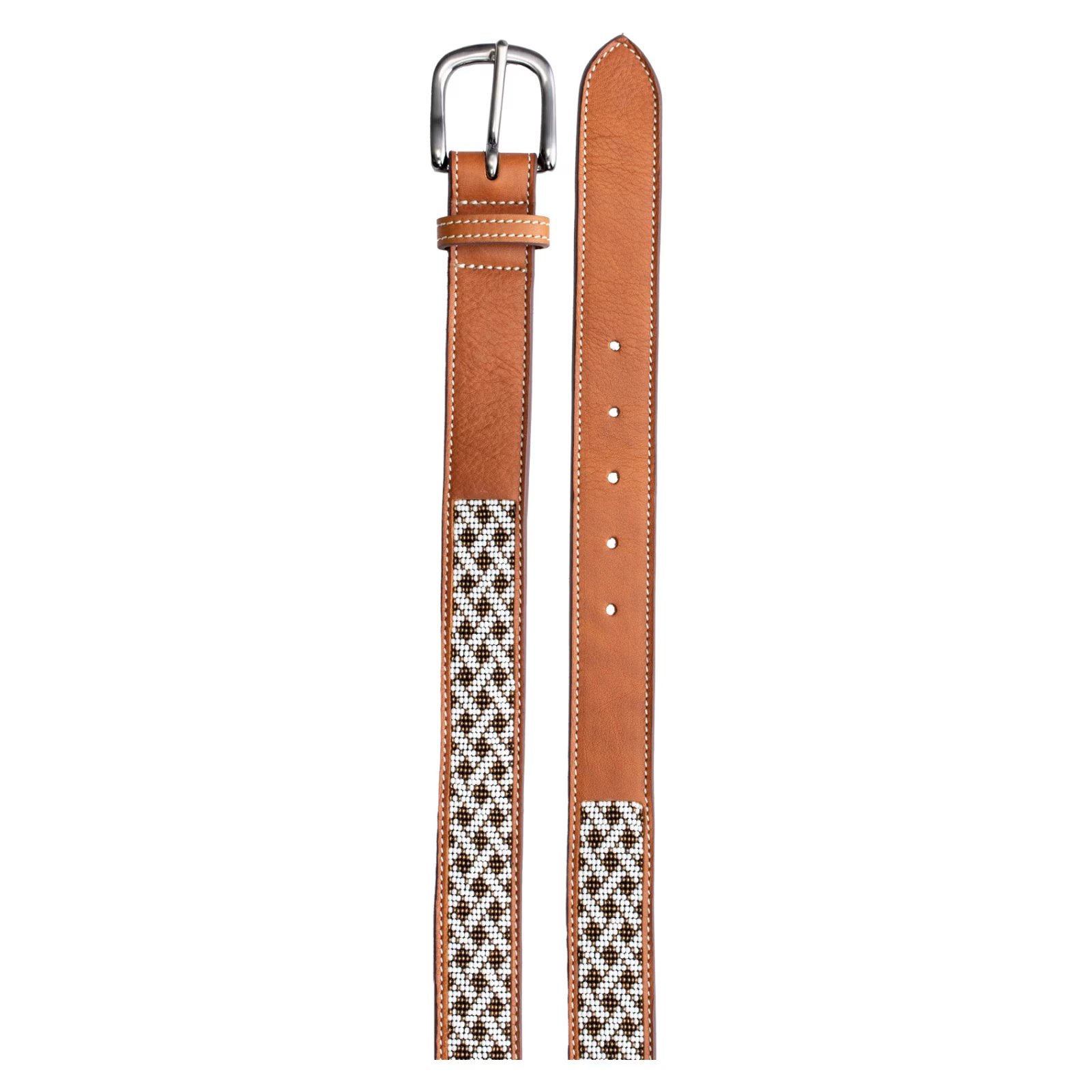 View of a light brown leather Equinavia Estelle Hand Beaded Belt with brown and white beading on a white background
