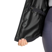 Close-up interior view of the waist gathering on the navy Horze Fiora Lightweight Waterproof Jacket on a white background