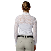 Back view of a female model wearing the white Equinavia Lisa Lace Long Sleeve Show Shirt on a white background