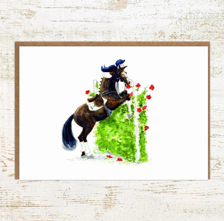 View of the Hang In There Pony Nut Greeting Card on a white washed wood background