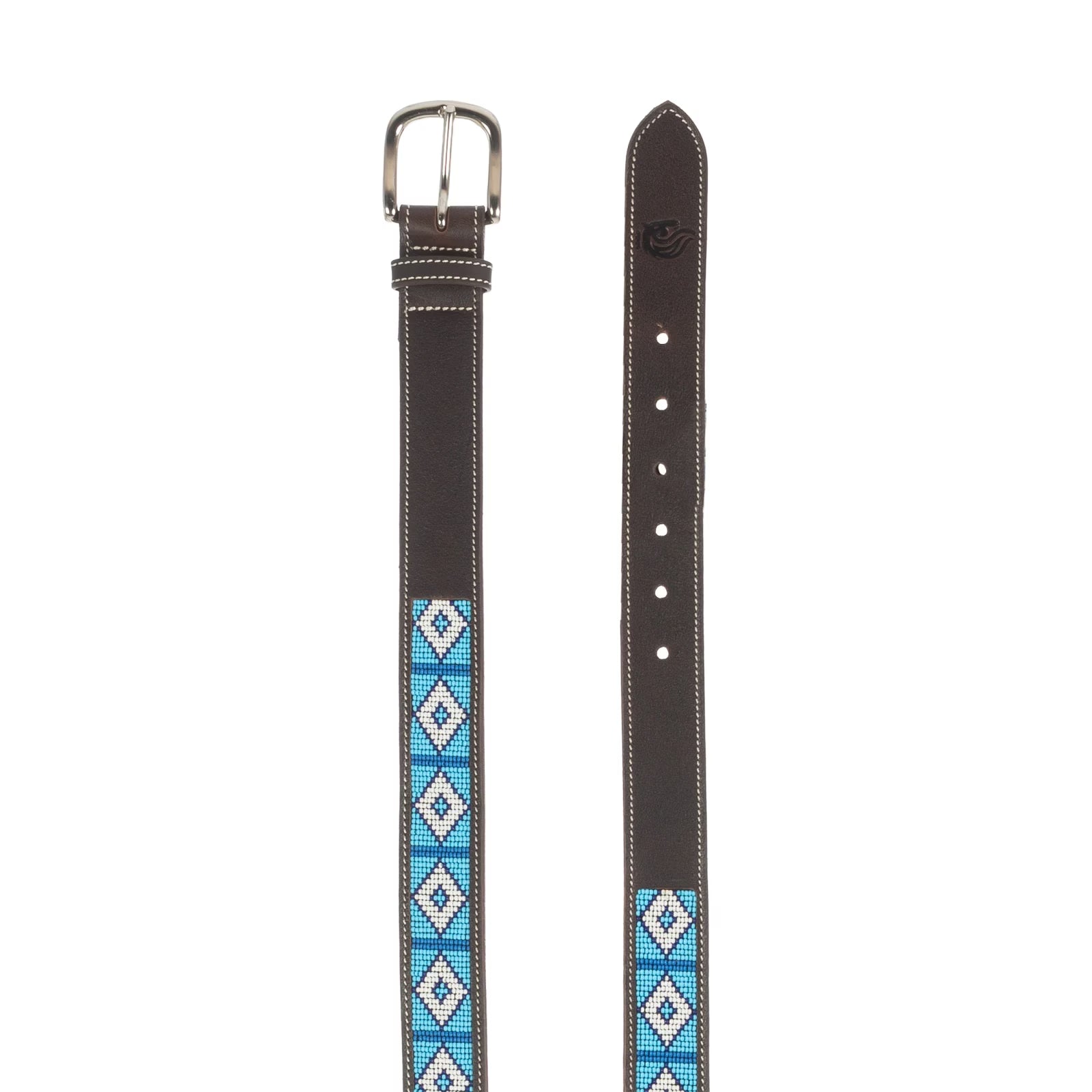 View of a dark brown leather Equinavia Estelle Hand Beaded Belt with blue and white beading on a white background