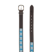 View of a dark brown leather Equinavia Estelle Hand Beaded Belt with blue and white beading on a white background