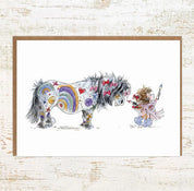 View of the Painted Pony Pony Nut Greeting Card on a white washed wood background