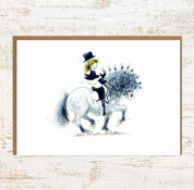 View of the Piaffe Pony Nut Greeting Card on a white washed wood background