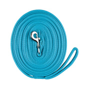 Full view of a coiled true blue Horze Lunge Line on a white background