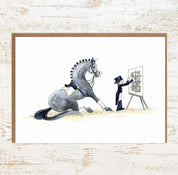 View of the Halt @ X Pony Nut Greeting Card on a white washed wood background