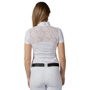 Back view of a female model wearing the Equinavia Lisa Lace Short Sleeve Show Shirt on a white background