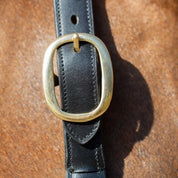 Close-up view of the buckle on the black Equinavia Valkyrie Classic Leather Halter