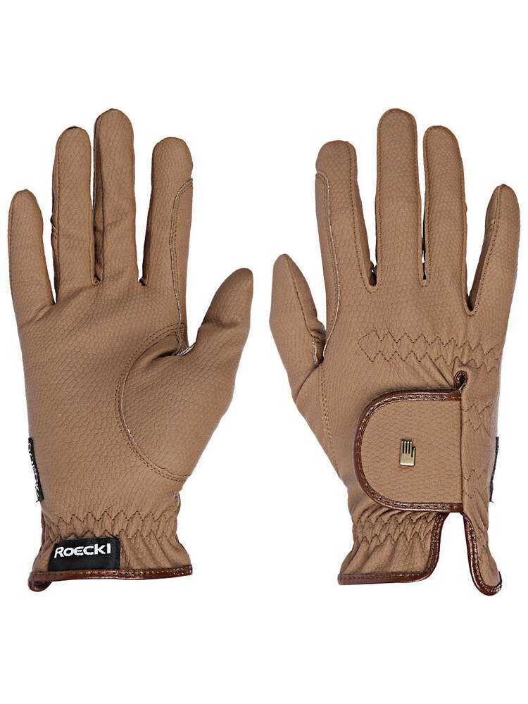 Side-by-side front and back views of the Caramel Roeckl Sports Original Roeck-Grip Riding Gloves on a white background