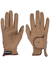 Side-by-side front and back views of the Caramel Roeckl Sports Original Roeck-Grip Riding Gloves on a white background