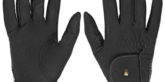 Side-by-side front and back views of the black Roeckl Sports Original Roeck-Grip Riding Gloves on a white background