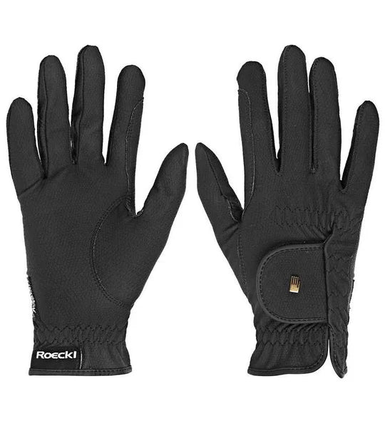 Side-by-side front and back views of the black Roeckl Sports Original Roeck-Grip Riding Gloves on a white background