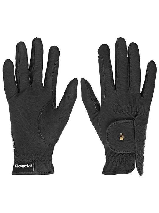 Side-by-side front and back views of the black Roeckl Sports Original Roeck-Grip Riding Gloves on a white background