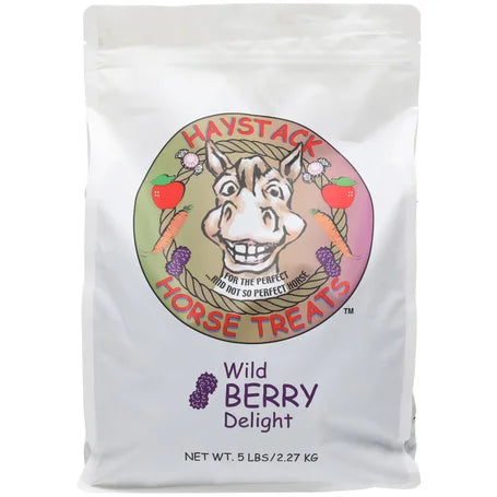 Front view of a 5 lb bag of Haystack Wildberry Horse Treats on a white background