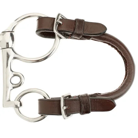Front view of a brown Camelot Leather Bit Converter connected to a bit on a white background