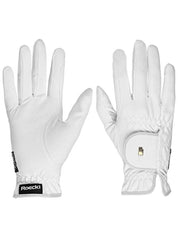 Side-by-side front and back views of the white Roeckl Sports Original Roeck-Grip Riding Gloves on a white background