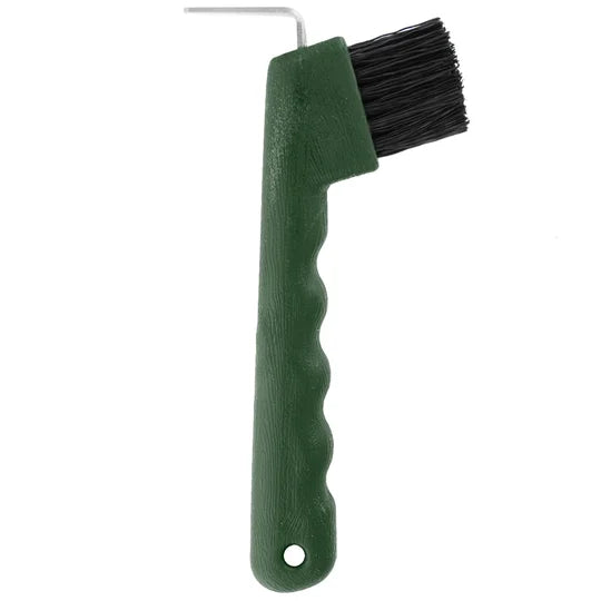 Side view of the Equi-Essentials Hoof Pick with Comfort Grip in green