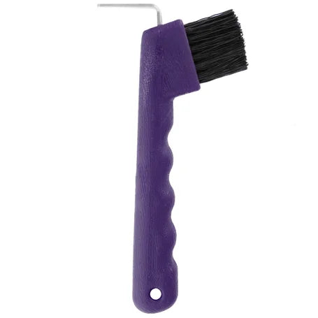 Side view of the Equi-Essentials Hoof Pick with Comfort Grip in purple