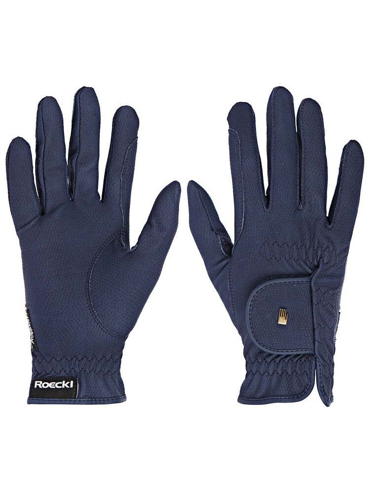 Side-by-side front and back views of the navy Roeckl Sports Original Roeck-Grip Riding Gloves on a white background
