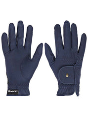 Side-by-side front and back views of the navy Roeckl Sports Original Roeck-Grip Riding Gloves on a white background