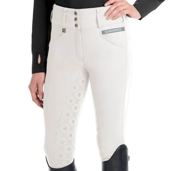 Front view of a model wearing the white Romfh Isabella Silicone Full Seat Breech on a plain background