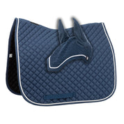 Side view of the blue Equinavia Voss Dressage Saddle Pad and Bonnet Set on a white background