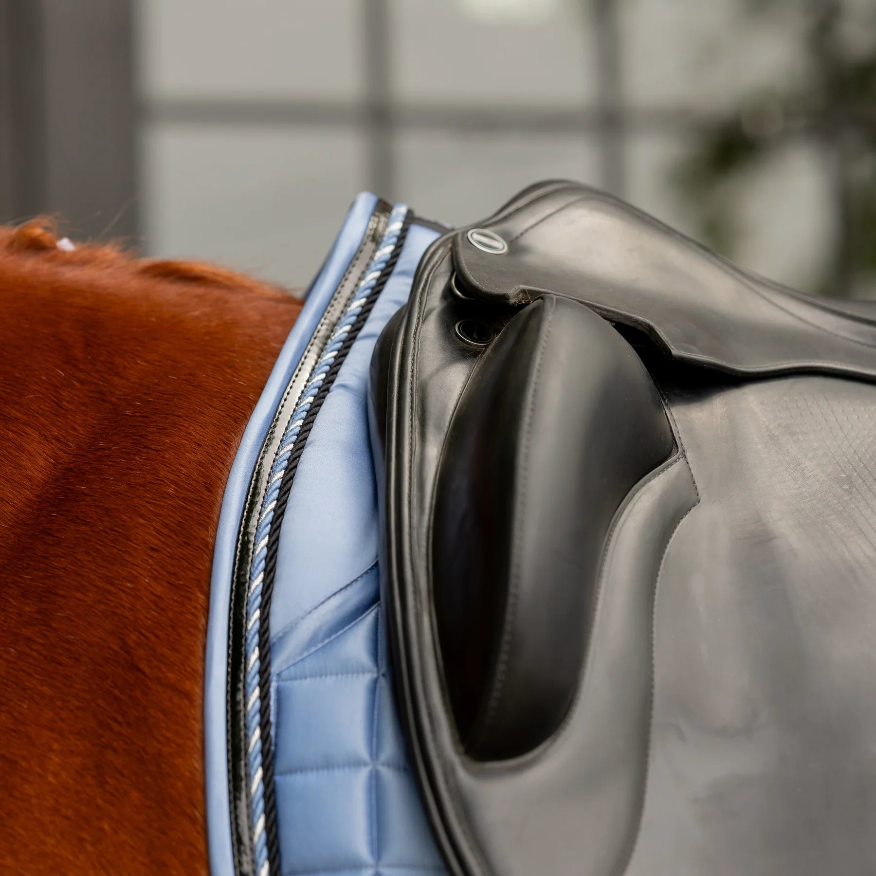 Side closeup view of a horse wearing Dusk Blue Equinavia Copenhagen Stay Put Dressage Saddle Pad
