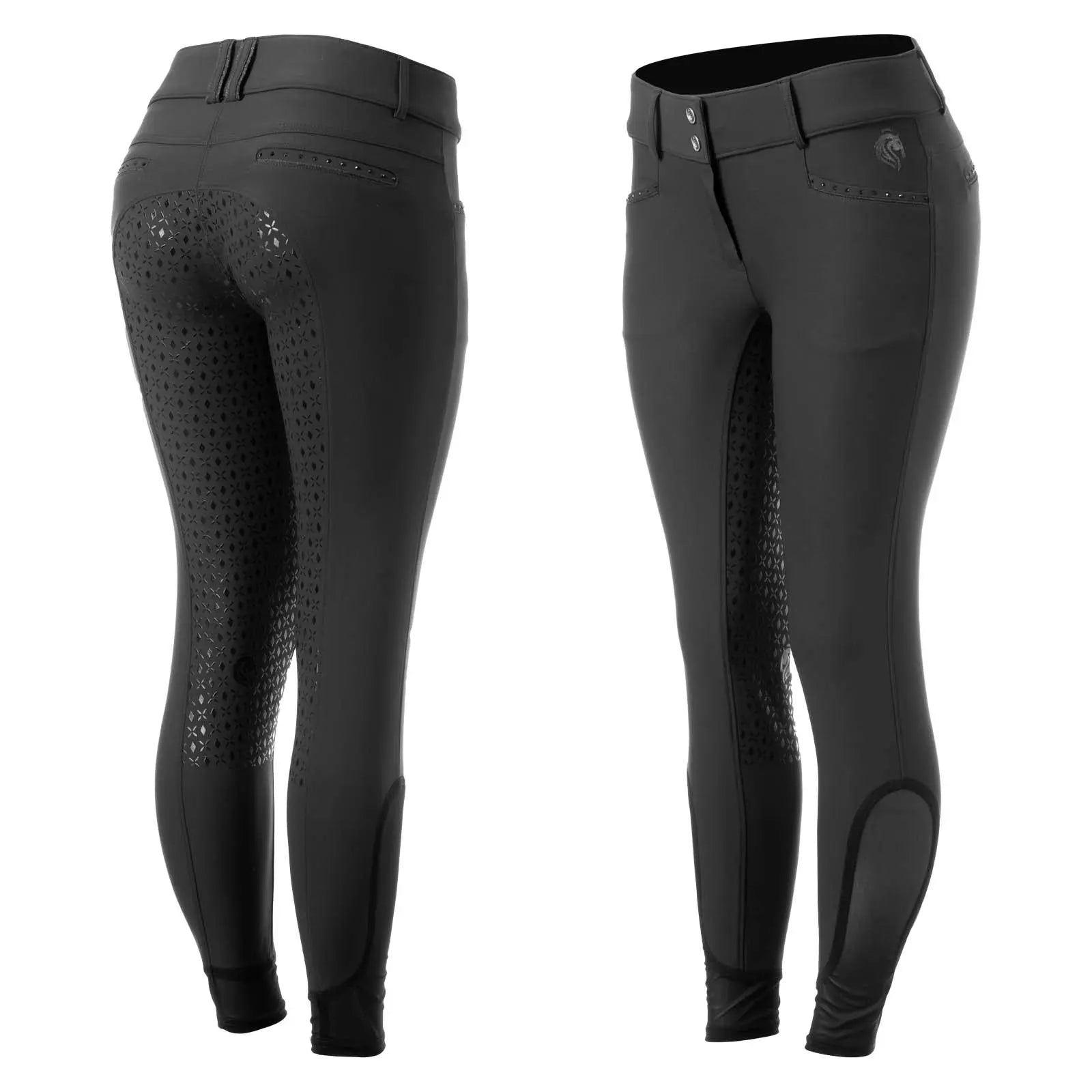 Side-by-side front and back views of the black Equinavia Victoria Full Seat Breeches on a white background