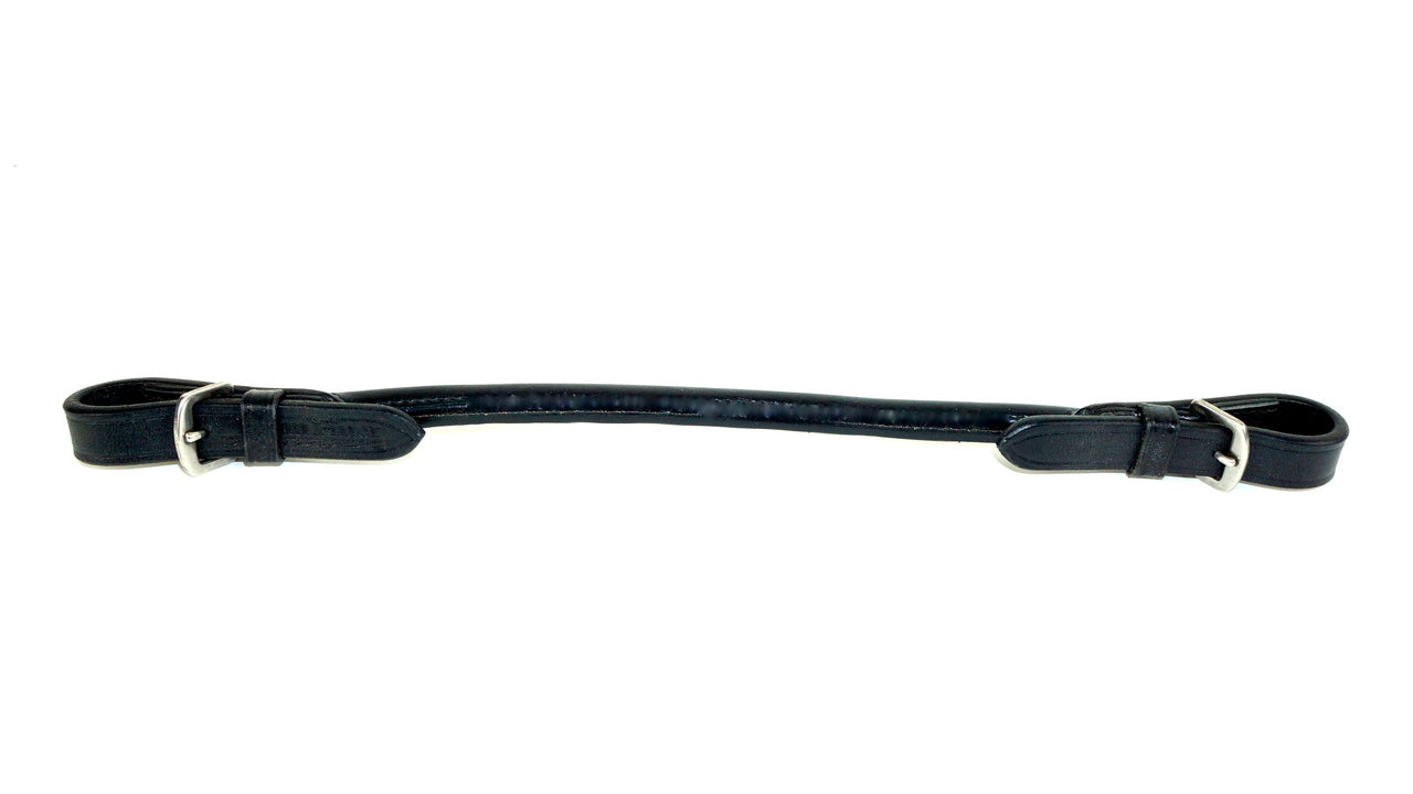 View of the Nunn Finer Saddle Strap in black showing stainless steel hardware