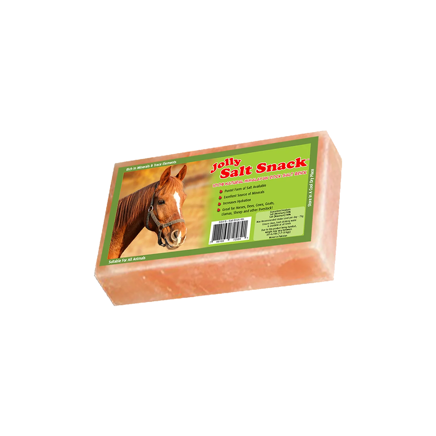 View of a Jolly Salt Snack Salt Brick with a product label on the front and on a white background
