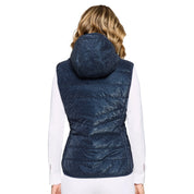 Back view of a female model wearing the Ice Navy Samshield Alta Badia Vest on a plain background