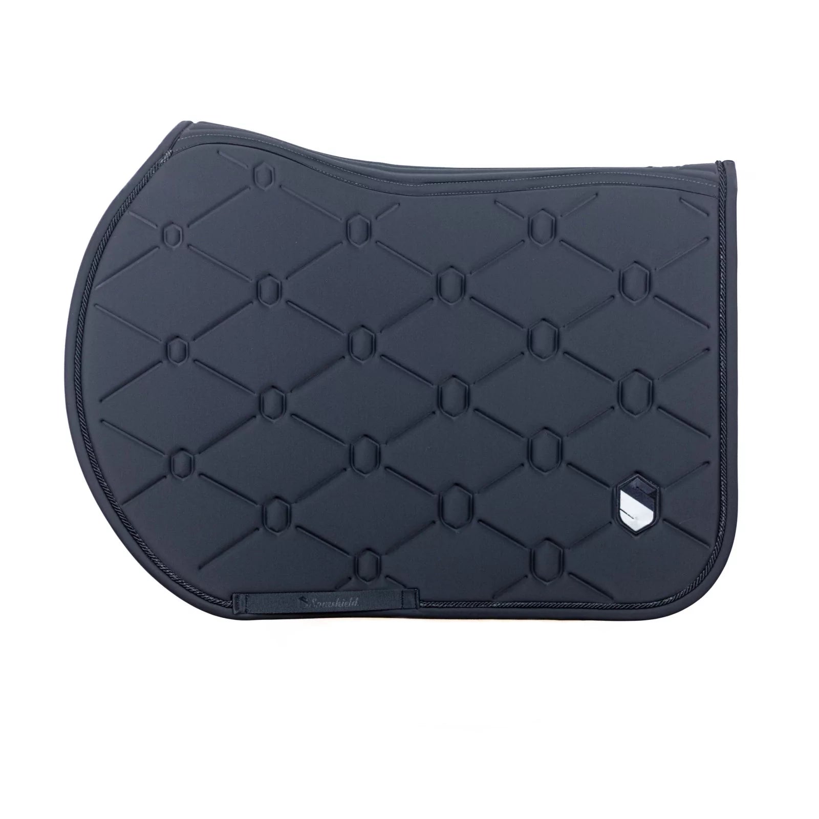 Side view of the anthracite embroidered Samshield Spineshield Jump Pad on a white background