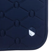Close-up side view of the navy embroidered Samshield Spineshield Jump Pad on a white background