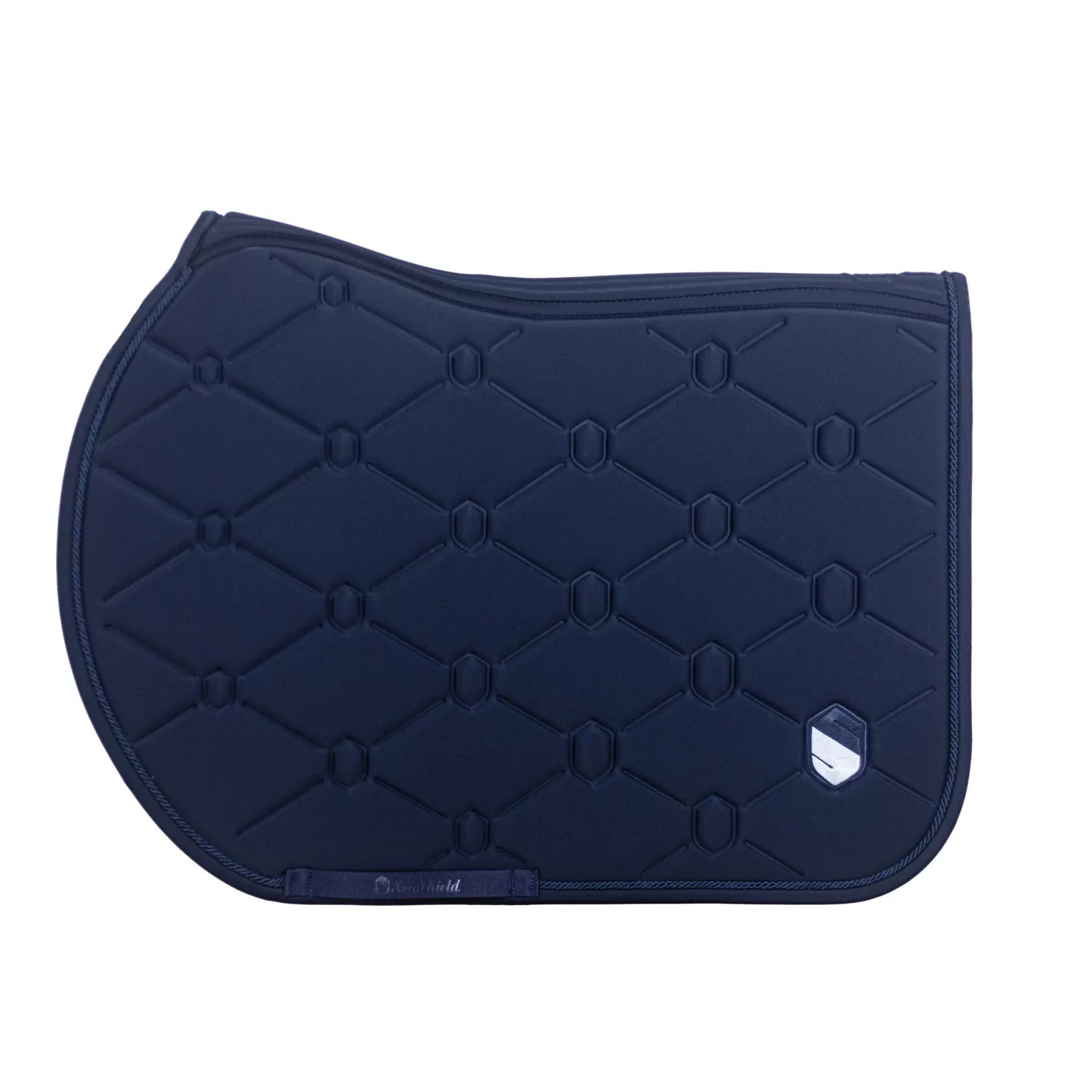 Side view of the navy embroidered Samshield Spineshield Jump Pad on a white background