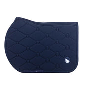 Side view of the navy embroidered Samshield Spineshield Jump Pad on a white background