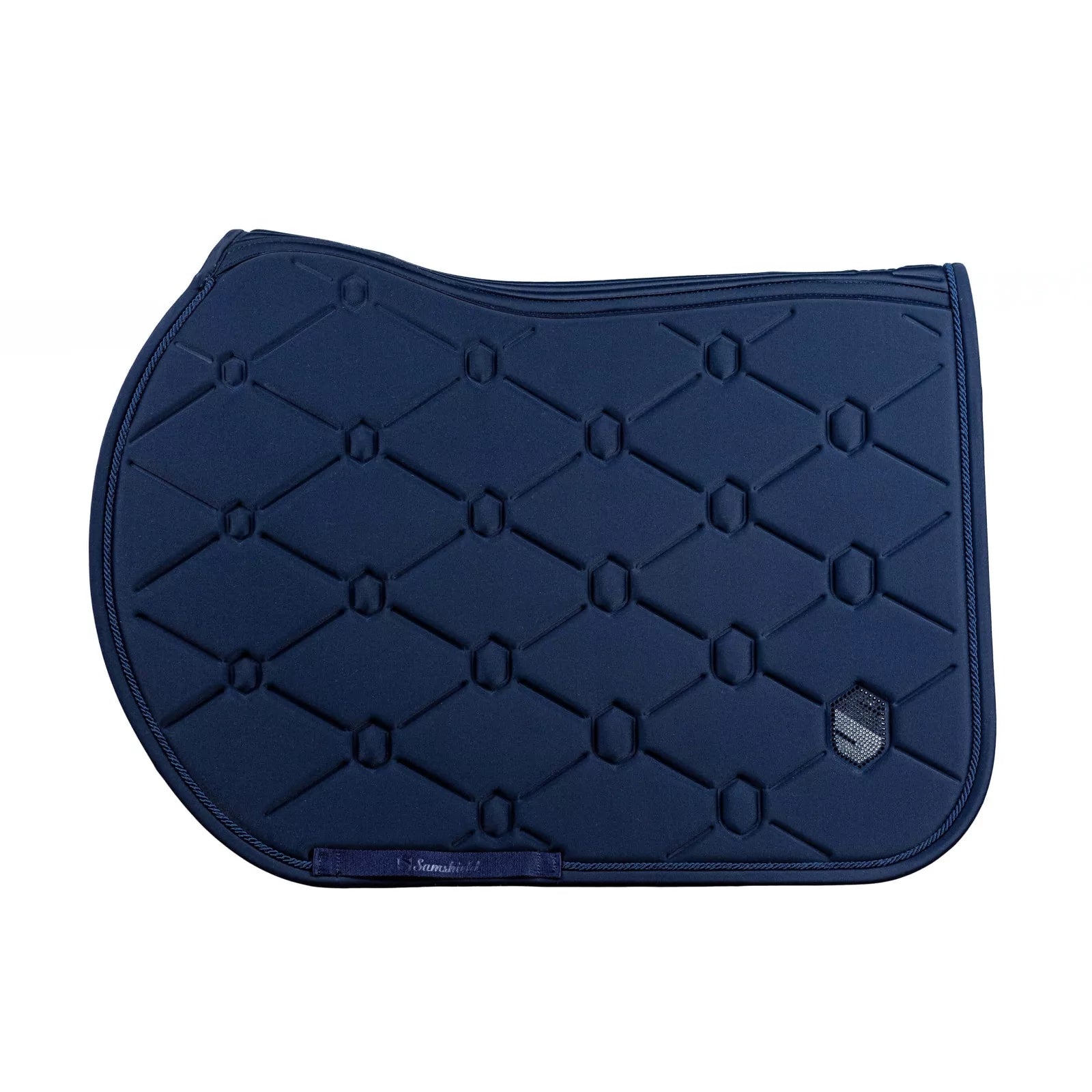 Side view of the navy swarovski embroidered Samshield Spineshield Jump Pad on a white background